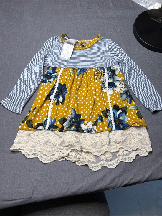 Bonnie Baby Other - Bonnie Baby Blue-Striped Top with Mustard Floral Skirt and Cream Lace Trim